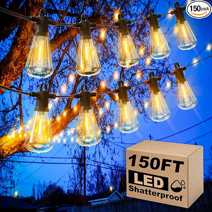 Outdoor String Lights, 150FT LED Patio Lights with 72+3 ST38 Vintage Edison Shatterproof Bulbs, Waterproof Connectable Dimmable Outside Hanging Lights for Backyard Bistro Porch Gazebo(75FTx2)