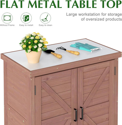 Outdoor Storage Cabinet & Potting Bench Table with Metal Top, Wooden Patio Furniture, Garden Workstation (Royal Brown, 36x31x17in)