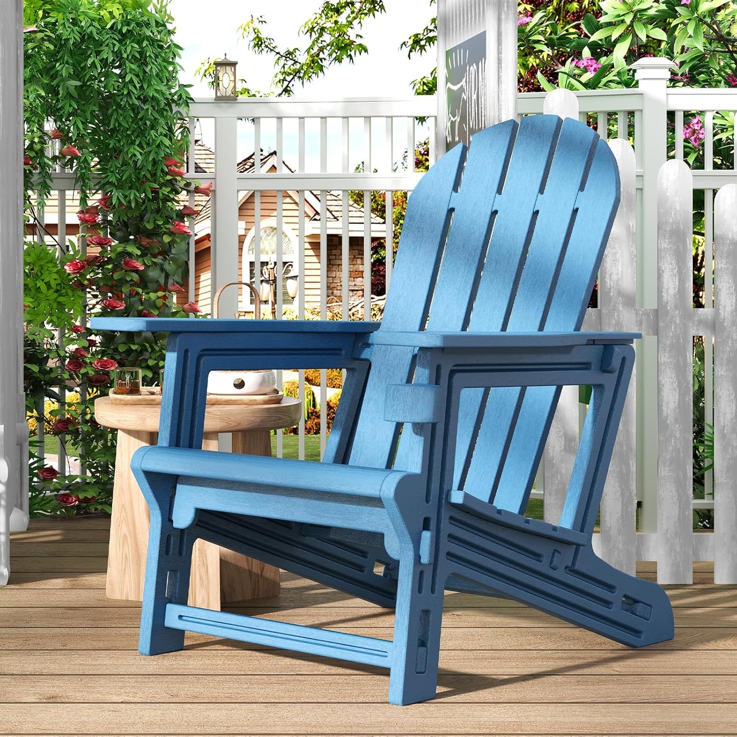Adirondack Chair, Tool-Free Assembly All-Weather Adirondack Chairs, HDPE Fire Pit Chairs with Cup Holder, Outdoor Chair for Patio Garden (Blue)