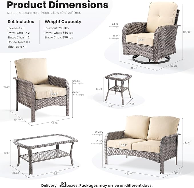 ovios 7 Pieces Patio Furniture Set, Outdoor Wicker Sofa with Swivel Chairs, Coffee Table, All Weather High Back Rattan Loveseat Couch with Comfy Cushions, Beige