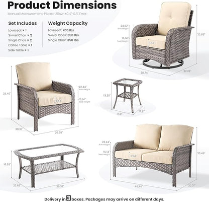 ovios 7 Pieces Patio Furniture Set, Outdoor Wicker Sofa with Swivel Chairs, Coffee Table, All Weather High Back Rattan Loveseat Couch with Comfy Cushions, Beige