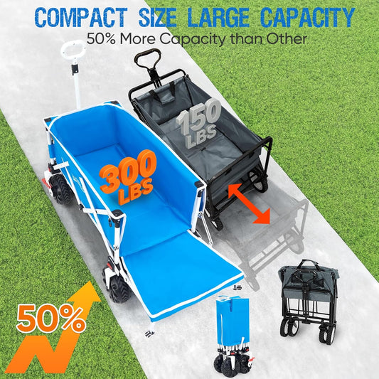 49" L Extra Long Beach Wagon with Tailgate,Big Wheels with Brake for Sand, Collapsible Utility Beach Cart Heavy Duty Folding Wagon,Ideal for Outdoor Sand Camping Garden Pet