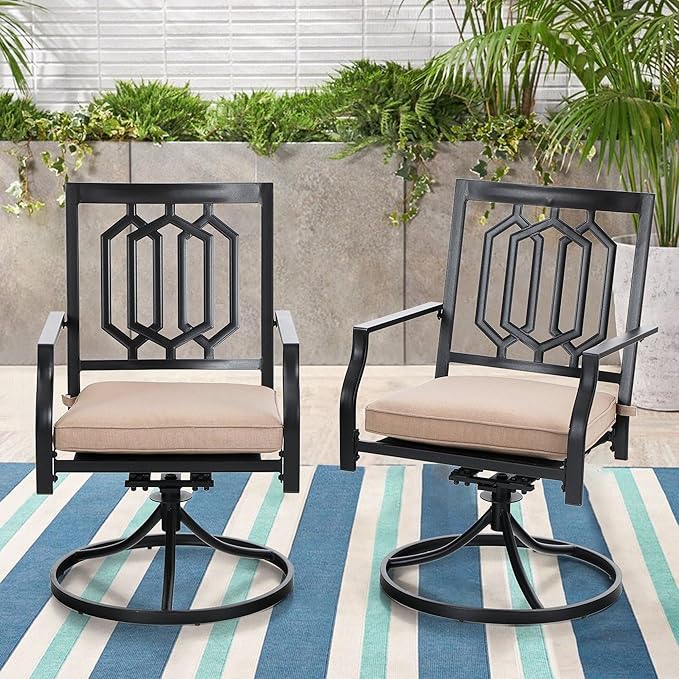 PHI VILLA 3 Piece Outdoor Bistro Set for 2, 22" Wrought Iron Square Table with Umbrella Hole & Swivel Metal Chairs, Small Furniture Conversation Set for Porch, Deck, Balcony, Patio, Yard - Black