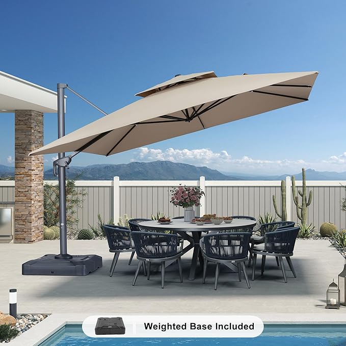PURPLE LEAF 12 FT Cantilever Patio Umbrella Outdoor Umbrella with 330lbs Base Large Square Windproof Offset Umbrella for Pool Deck Garden, Sand Dune