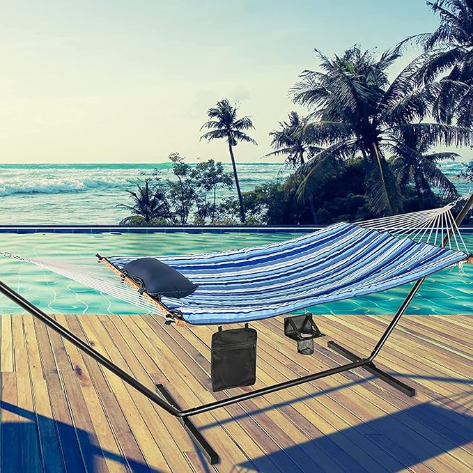 S AFSTAR 2 Person Hammock with Stand Included, Double Portable Hammocks with Cotton Mat, Pillow, Cup Holder, 450 LBS Load Capacity, Free Standing Hammock for Outside Patio Porch Backyard (Blue Stripe)