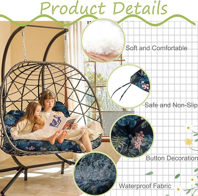 Swing Replacement Cushions with Backrest, 2 or 3 Seater Waterproof Non-Slip Overstuffed Swing Pad, Indoor/Outdoor Bench Cushion for Porch Chair Swing Garden Furniture (Hummingbird, 40 * 63 in)