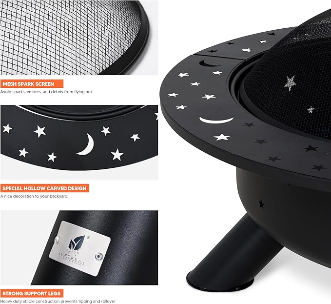 SUNCREAT 42" Extra Large Bonfire Fire Pit, Steel Round Fire Pit Table for Backyard, Garden, Outside, Star Pattern