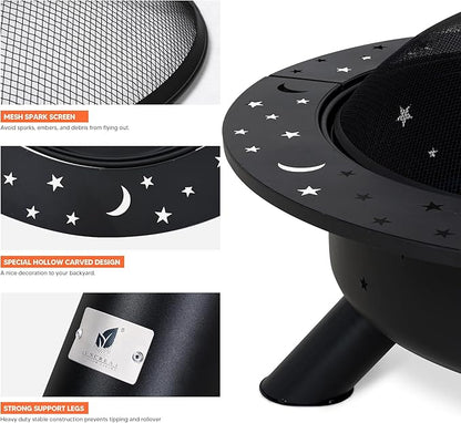 SUNCREAT 42" Extra Large Bonfire Fire Pit, Steel Round Fire Pit Table for Backyard, Garden, Outside, Star Pattern