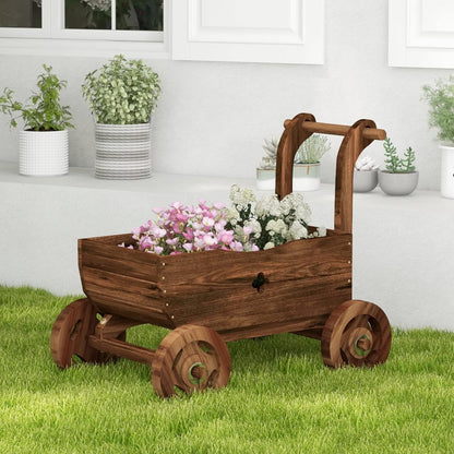Tangkula Wooden Wagon Planter Box, Decorative Garden Planter w/Wheels, Handle, Drain Hole, Rustic Wooden Flower Cart for Indoor & Outdoor Decor for Patio, Garden, Balcony (27" L x 15" W x 21" H)