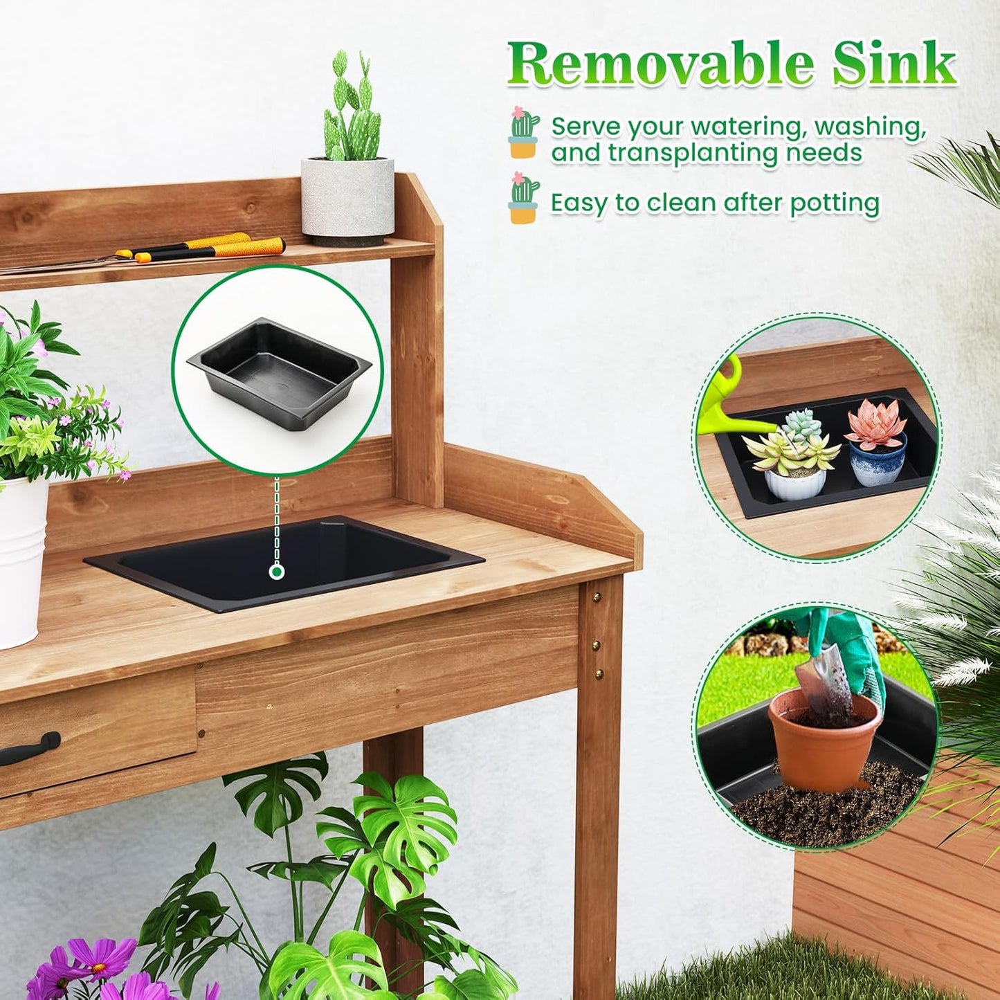 HAPPYGRILL Potting Bench Table, Wooden Work Bench with Removable Sink, Wood Garden Table with Storage Shelves, Drawer, Potting Benches for Outside, Patio Lawn Greenhouse
