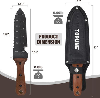TOPLINE Hori Hori Garden Knife with Oxford Sheath, 7" Stainless Steel Blade with Cutting Edge, Full Tang Walnut Handle with Hanging Hole, Multifunctional Garden Tools for Weeding, Planting, Cutting
