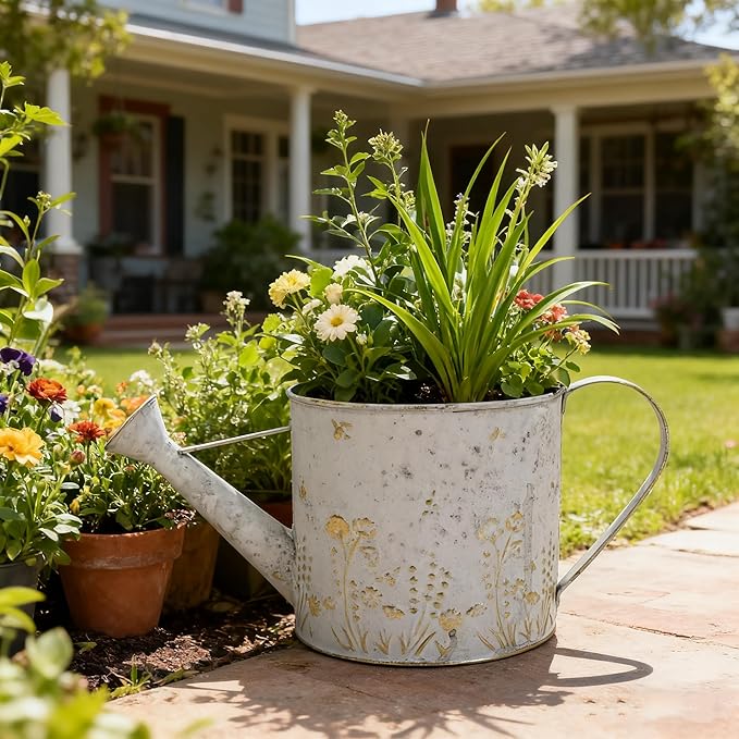 Vintage Metal Watering Can Planter with Embossed Floral - Distressed White Decorative Watering Pot for Indoor/Outdoor Flowers, Succulents & Herbs, Rustic Home Decor Accent