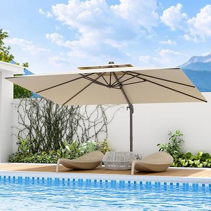 10x13 FT Patio Umbrella, Large Cantilever Rectangular Double Top Heavy Duty Offset Umbrellas with 360° Rotation, Outdoor shade for Garden Deck Pool Patio, Beige