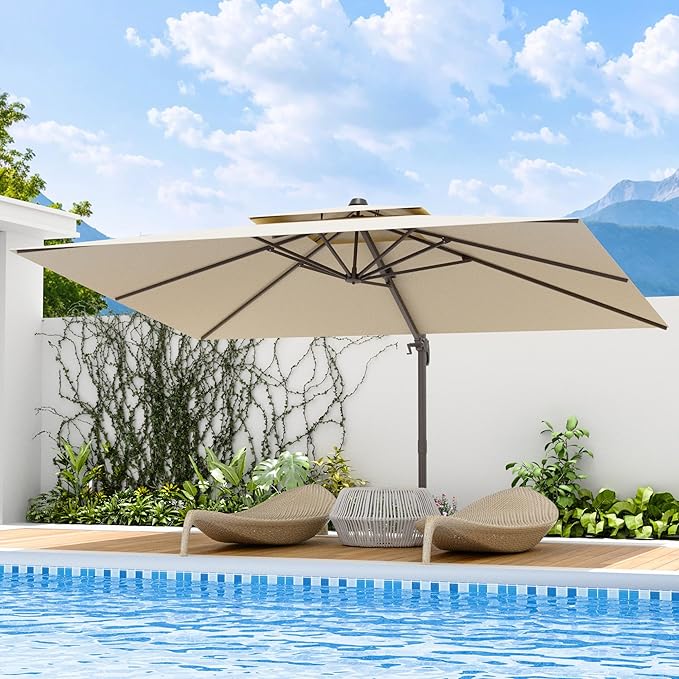 9x12 FT Patio Umbrella, Large Cantilever Rectangular Double Top Heavy Duty Offset Umbrellas with 360° Rotation, Outdoor shade for Garden Deck Pool, Beige