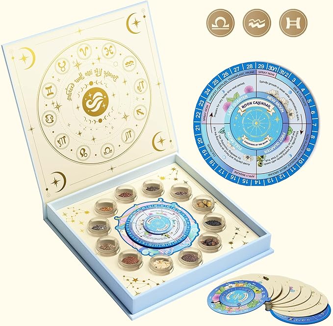 LUSH&DEW Gardening Gift for Women Men, Zodiac Garden Seed Bank, 12 Types Non-GMO Vegetables Flower Seeds in Seed Organizer, Magnetic Gift Box, Witchcraft Supplies, Air Signs Taurus Virgo Capricorn