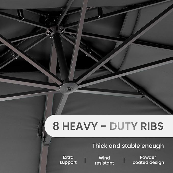 10 X 13 FT Cantilever Patio Umbrella with Base Included Outdoor Heavy Duty Double Top Windproof Rectangle Offset Umbrellas with 360-degree Rotation for Pool Deck Backyard, Grey