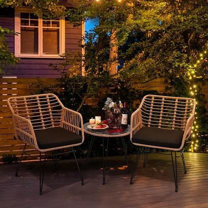 3 Piece Wicker Patio Bistro Furniture Set, Includes 2 Rattan Chairs and Glass Top Table, Ideal for Porch, Outdoor, Backyard, Apartment, Balcony, Natural