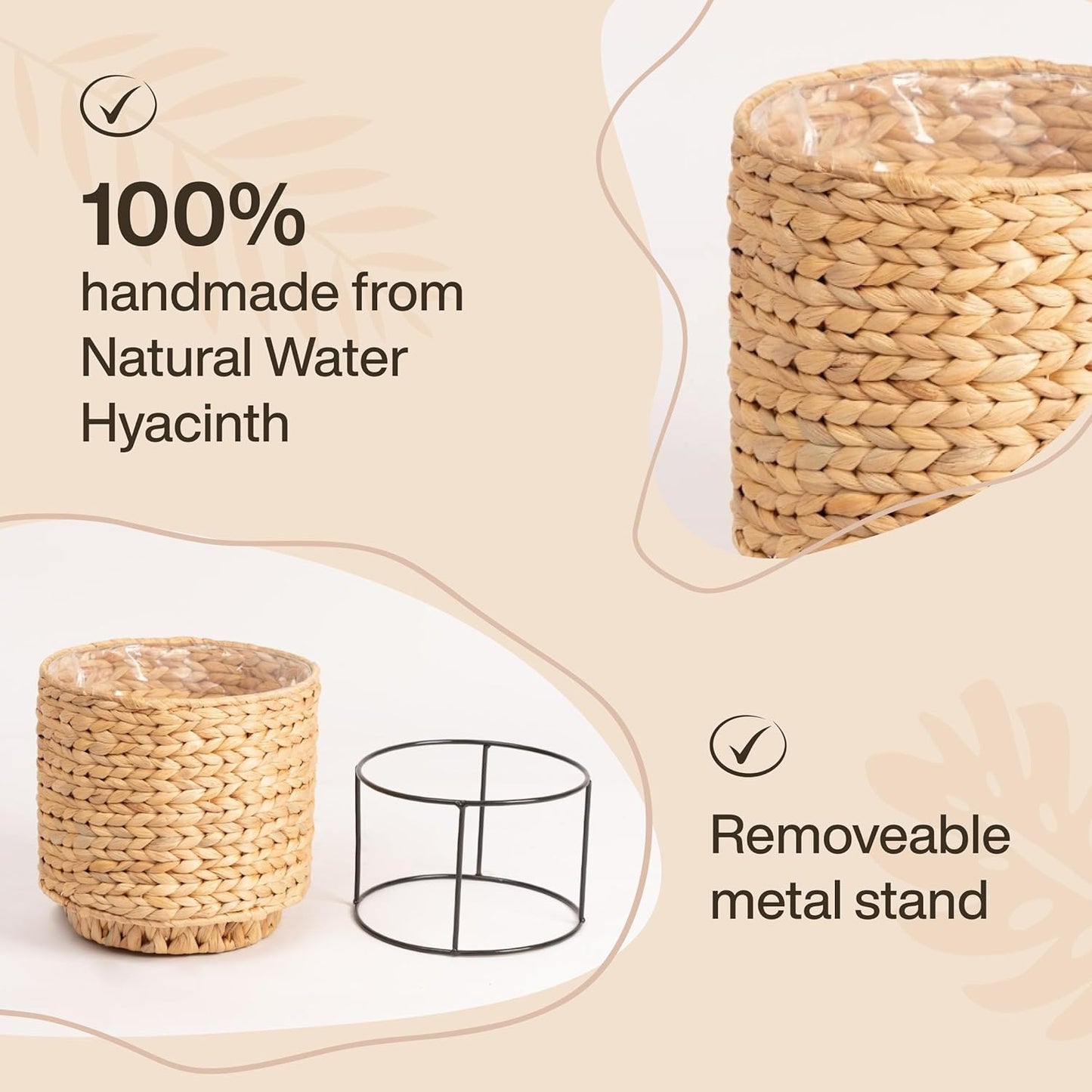 Set of 2 Water Hyacinth Planter Pot with Metal Stand - Indoor Plant, Flower, Succulent, Basket Planter, Decorative Pot Cover (Classic)