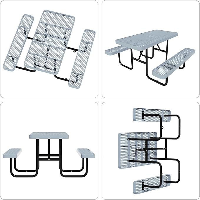 48'' Rectangular Steel Picnic Table for Outdoors,Commercial Metal Picnic Table Bench Set with Umbrella Hole,School Canteen Table W/Seats - Heavy Duty Sturdy Picnic Tables for Patio Garden