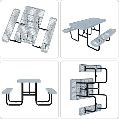 48'' Rectangular Steel Picnic Table for Outdoors,Commercial Metal Picnic Table Bench Set with Umbrella Hole,School Canteen Table W/Seats - Heavy Duty Sturdy Picnic Tables for Patio Garden