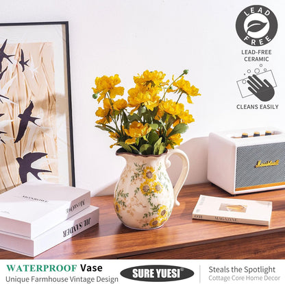 Sunflower Vintage Ceramic Yellow Floral Vase with Handle, Chinoiserie Floral Pitcher Vase, Rustic Ceramic Farmhouse Vases for Home Decor, Living Room, Bookshelf, Office, Grand Millennial Decor 7.9 in
