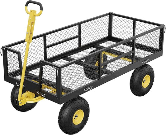 GarveeLife 900 LBS Garden Cart on Wheels with Adjustable Handles, Heavy Duty Steel Garden Wagon with Removable Mesh Sides to Convert into Flatbed, Wagon Cart for Lawn Farm Yard