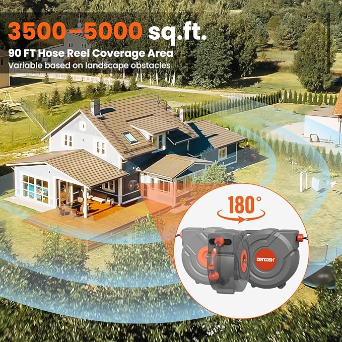 Upgraded Retractable Garden Hose Reel 5/8 in x 90 ft PRO 180° Swivel Metal Bracket Automatic Retract Heavy Duty Hose Reels Wall Mount Any Length Lock 9 Pattern Nozzle Garden Watering