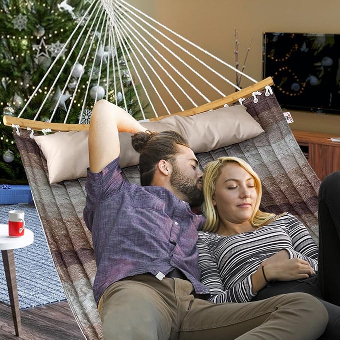 Double Hammock, 11 FT Quilted Fabric 2 Person Hammock for Outside with Pillow, Folding Curved Spreader Bar, Chains, Carrying Bag, Indoor Outdoor, 450 IB Capacity, Aqua Green