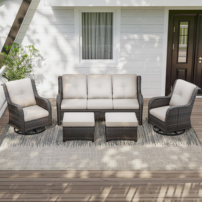 5 Pieces Outdoor Patio Furniture Set - Conversation Set Includes Wicker Swivel Rocker Chairs Set of 2, 2 Ottoman, 3 Seat Sofa, Suitable for Porch, Yard, Mixed Brown Rattan, Beige