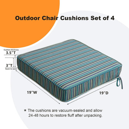 Sunbrella Square Corner Seat Cushions, 19" x 19" x 3", Set of 4, Indoor Outdoor Water Repellent Universal Chair Pads with Ties for Patio Furniture, Garden Dining Chairs, Swell Turquoise