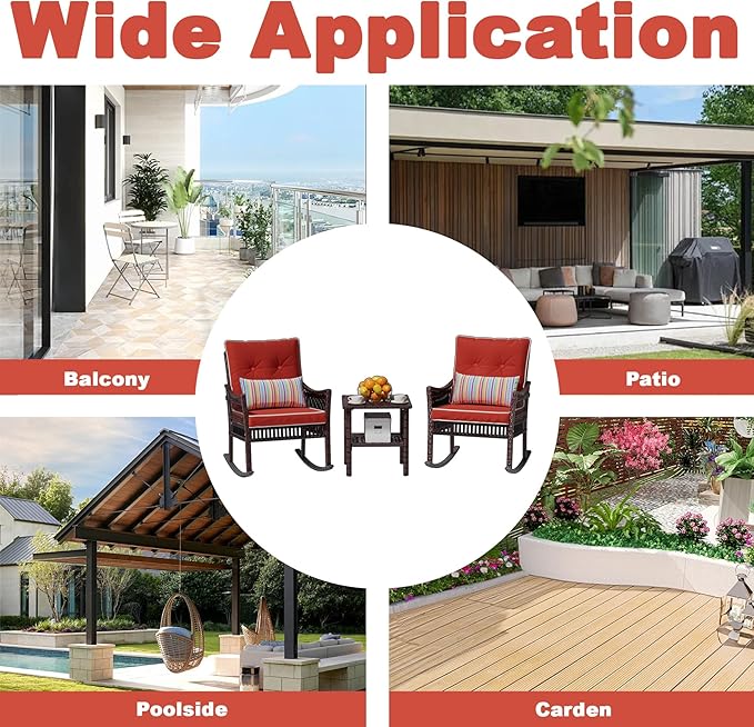 DECMICO Outdoor Rocking Chairs 3 Pieces Patio Conversation Front Porch Furniture, Wicker Rocking Chairs Bistro Set with Coffee Table and Cushions for Garden and Balcony, Orange