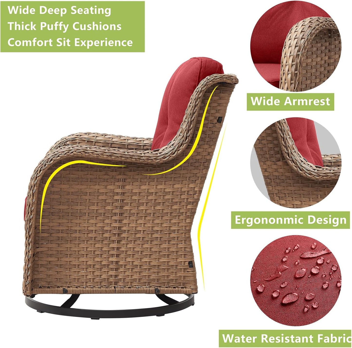 Outdoor Wicker Patio Furniture Set - 5 Pieces Rattan Patio Conversation Set with 2 Rocking Swivel Chairs,2 Ottomans and 1 Side Table for Porch Deck Backyard Garden(Yellow/Red)