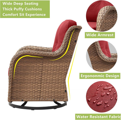 Outdoor Wicker Patio Furniture Set - 5 Pieces Rattan Patio Conversation Set with 2 Rocking Swivel Chairs,2 Ottomans and 1 Side Table for Porch Deck Backyard Garden(Yellow/Red)