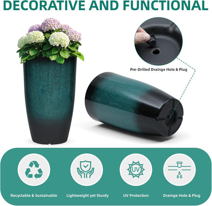 23.6" Set of 2 Tall Outdoor Planters, Gradient Turquoise Plastic Flower Pots, Weatherproof for Porch, Garden, Patio or Indoor Décor