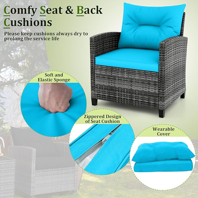 RELAX4LIFE 3 Piece Patio Furniture Set, Wicker Bistro Conversation Set w/2 Cushioned Armchairs & Glass Topped Table, Outdoor Rattan Sofa Set Patio Furniture for Porch Balcony Poolside (Grey-Turquoise)