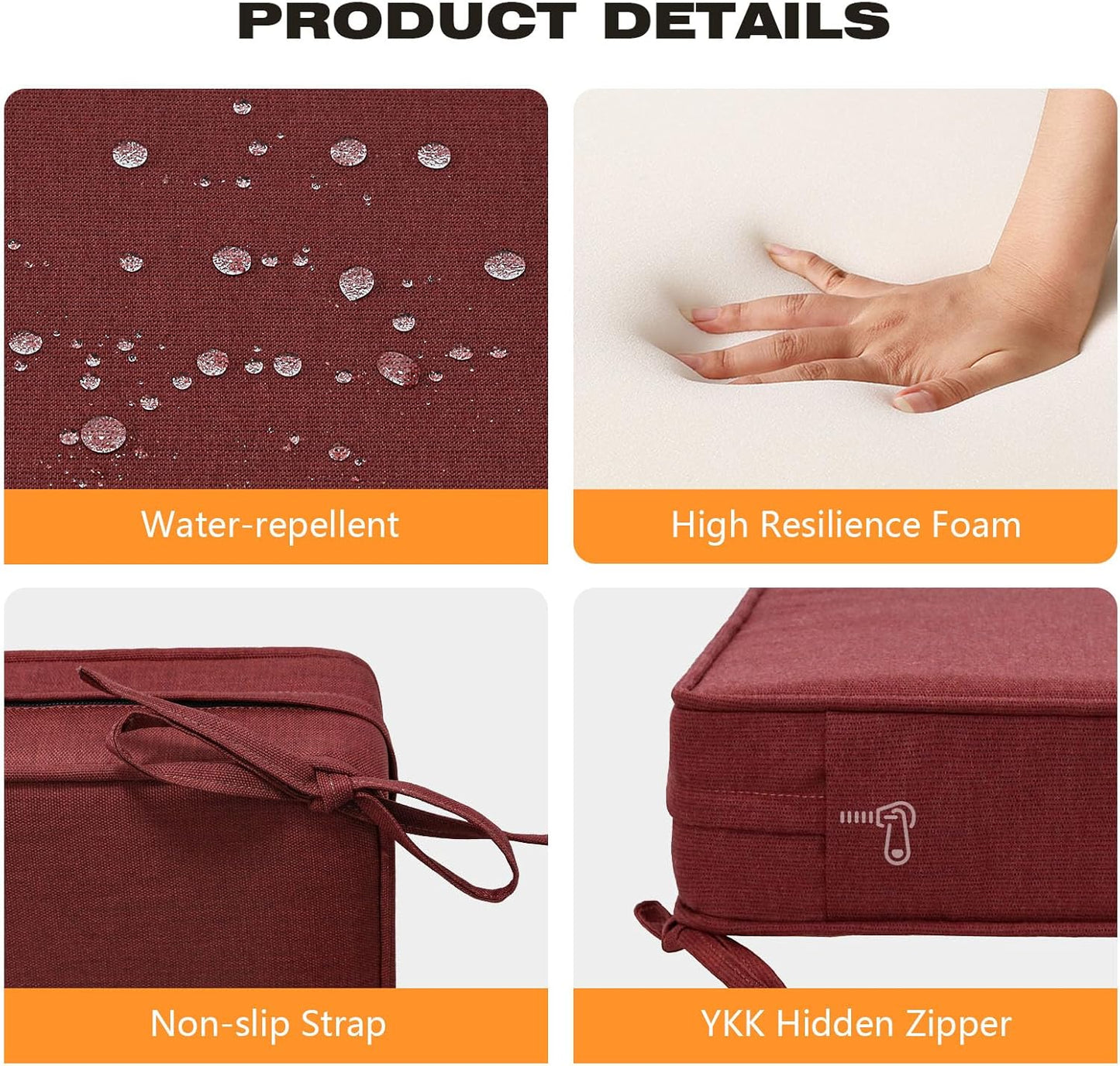 Sunbrella Square Corner Seat Cushions, 18.5" x 16" x 3", Set of 4, Indoor Outdoor Water Repellent Universal Chair Pads with Ties for Patio Furniture, Garden Dining Chairs, Spectrum Brick