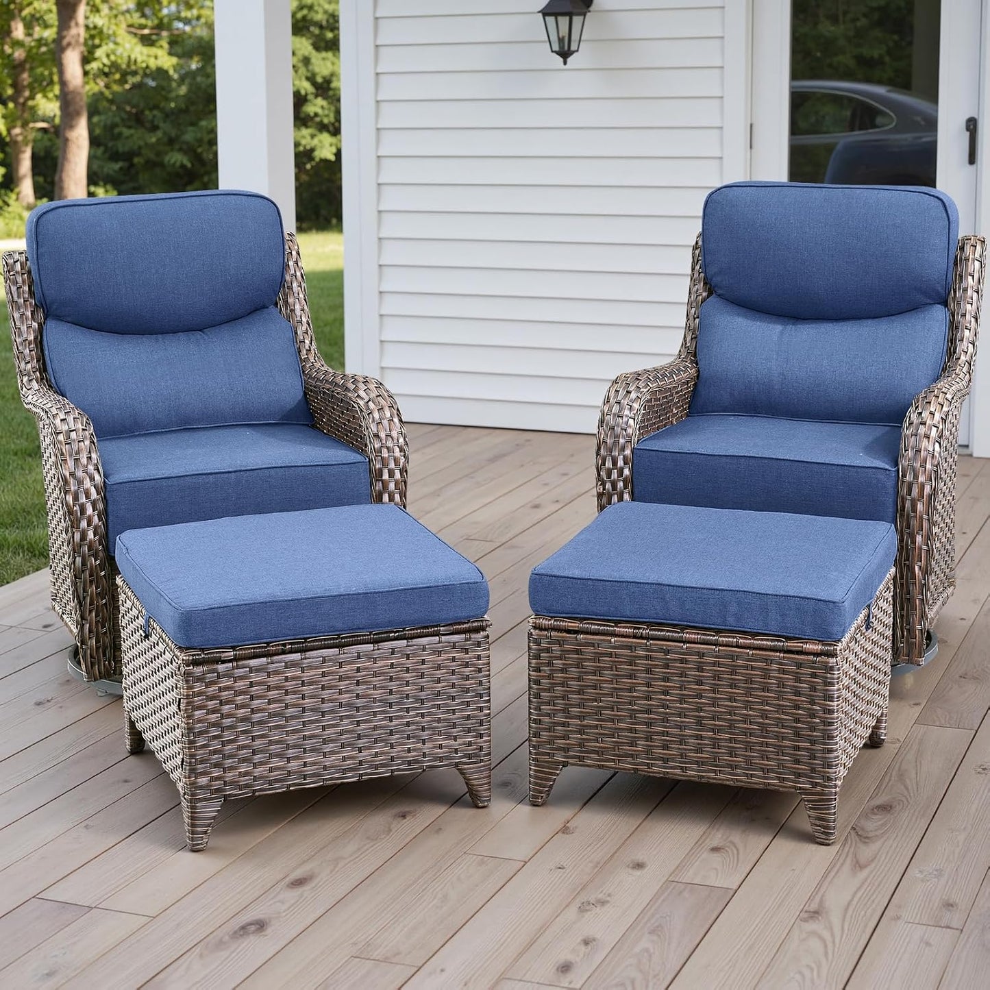 Wicker Outdoor Patio Furniture Set - 4 Piece Patio Conversation Set with Swivel Rocker Chairs and Ottomans, 6 inch Cushions, High Back, Deep Seating, for Porch Deck Garden Brown/Blue