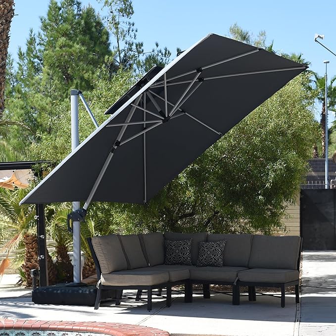 PURPLE LEAF 10 FT Cantilever Patio Umbrellas with Base Included, Large Square Offset Umbrella with 360° Rotation, Outdoor Aluminum Pool Umbrella for Pool Lawn Garden, Grey