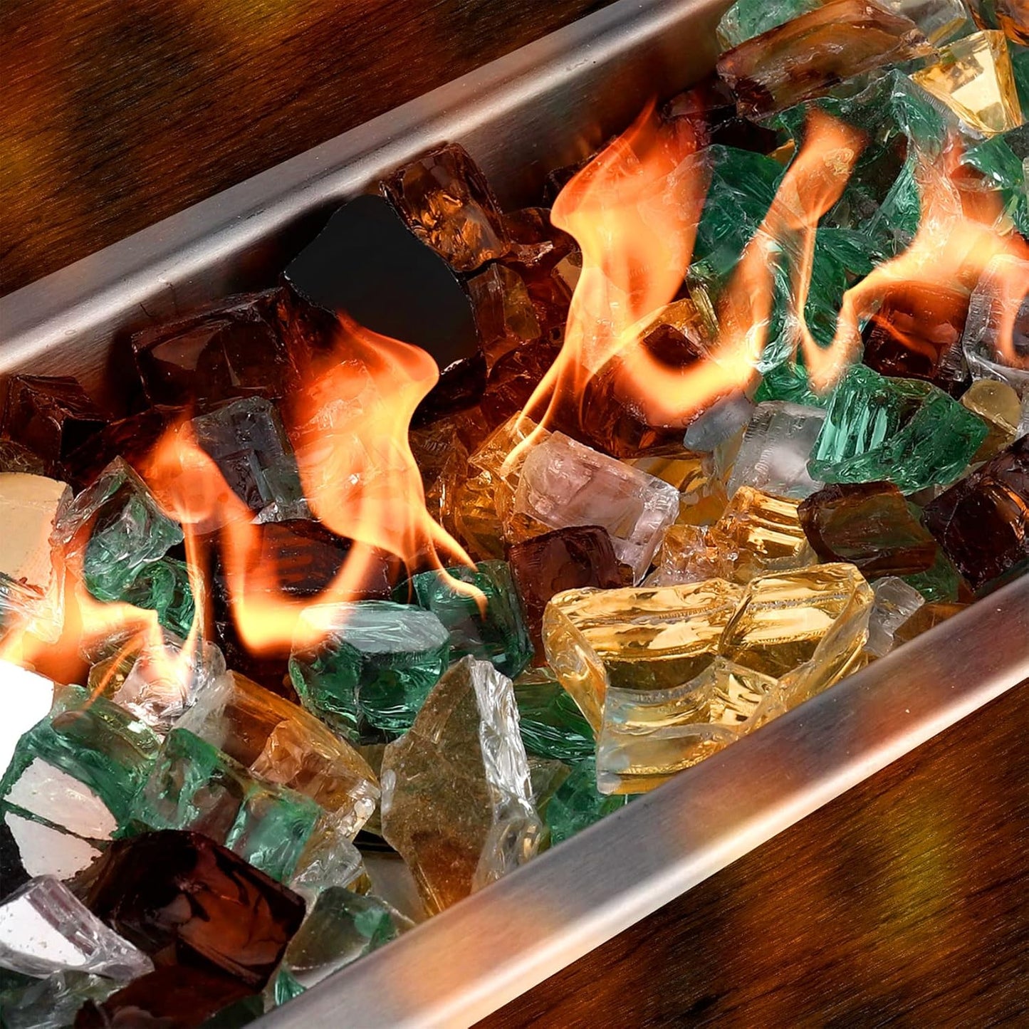 Mr. Fireglass 10 Pounds Blended Fire Glass - 1/2 Inch Mixed Colored High Luster Reflective Tempered Glass Rocks for Fireplace Fire Pit Table Fireplace and Landscaping, Copper+Gold+Light Green