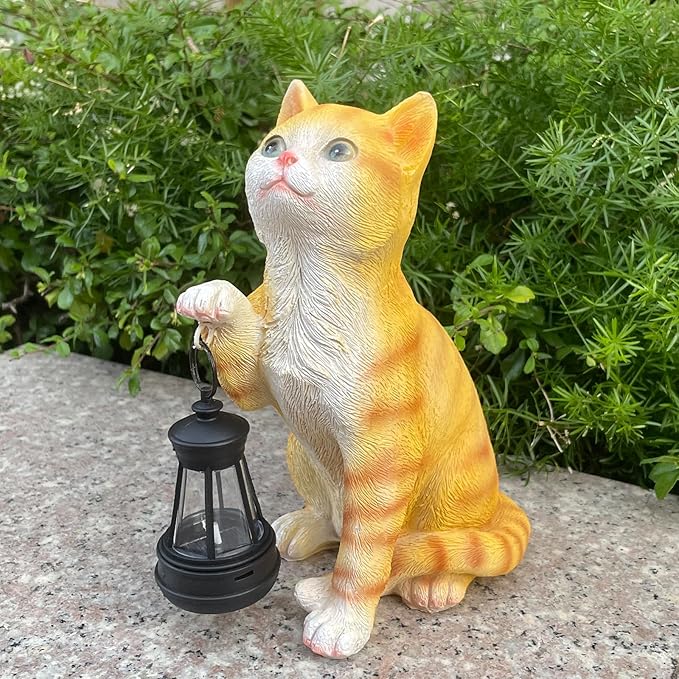 Garden Decor Solar Cat Statues with Solar Lantern Outdoor Decor Lovely Tabby cat Figurine Halloween Yard Decoration Spooky Lawn and Garden Decor Holiday Party Ornament for Cat Lovers