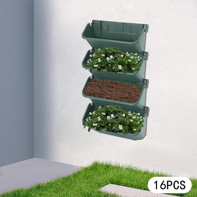 Wall-Mounted Vertical Wall Planter 16 Pack Stackable Wall Planter Indoor Outdoor, Garden Self Watering Wall-Mounted Plastic Planter Plant Flower Pot Holder for Vegetable Fruit Herb