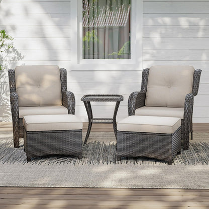 5 Pieces Patio Conversation Set, Wicker Chairs Set of 2 and Two Ottomans with 3.5-inch Seat Cushions, 1 Side Table High Back and Curved Armrest for Backyard, Balcony and Deck, Beige