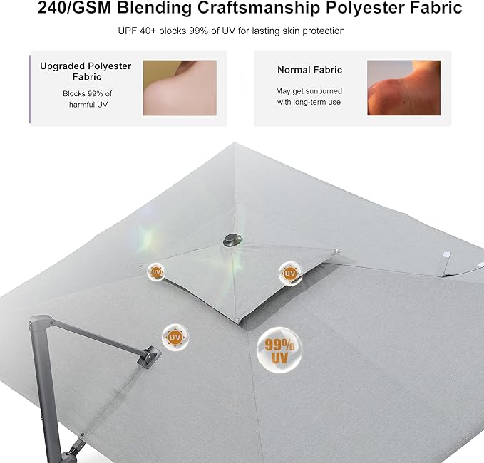 PURPLE LEAF 10 FT Cantilever Patio Umbrella Outdoor Umbrella with 220lbs Base Large Square Windproof Offset Umbrella for Pool Deck Garden, Pebble Grey