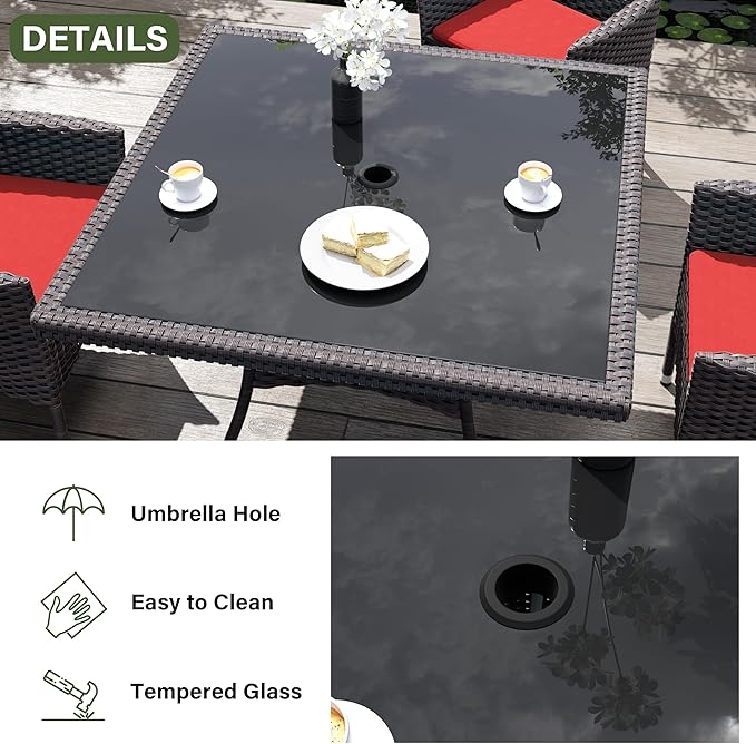 Kurapika 15-Piece Patio Furniture Outdoor Dining Set, Wicker Rattan Table and Chairs, Square Tempered Glass Tabletop With Umbrella Hole, 12 Chairs, Red