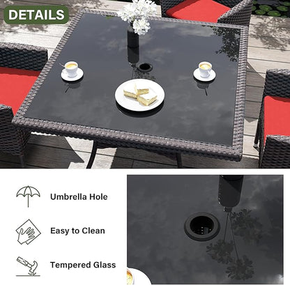 Kurapika 15-Piece Patio Furniture Outdoor Dining Set, Wicker Rattan Table and Chairs, Square Tempered Glass Tabletop With Umbrella Hole, 12 Chairs, Red