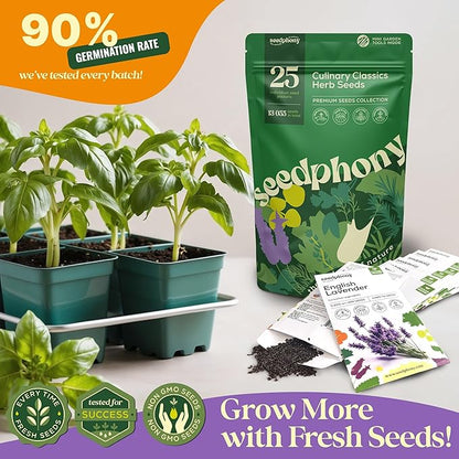 25 Culinary Herb Seeds Variety Pack - 13,055+ Non-GMO Heirloom Herbs Seeds for Planting Indoor & Outdoor: Rosemary, Basil, Catnip, Cilantro, Dill, Parsley, Oregano, Thyme, Mint, Tarragon, Lavender