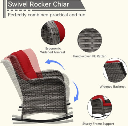 Outdoor Rocking Chair of 2, Wicker Patio Rocker Chair for Yard, Porch, Mixed Brown Grey Rattan, Red Cushions