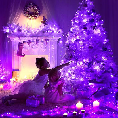 JMEXSUSS 4 Pack Purple Solar String Lights Outdoor Waterproof, 100 LED 33ft Purple Solar Fairy Lights, 8 Modes Copper Wire Christmas Light for Halloween Christmas Garden Yard Tree Decor