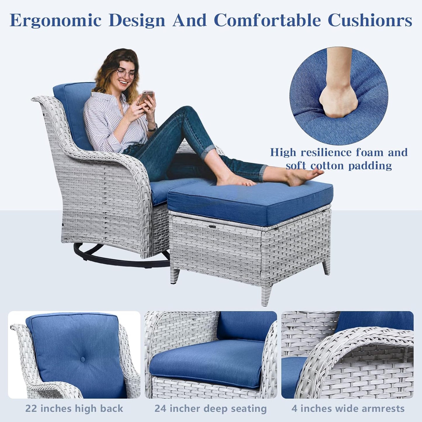 4 Pieces Patio Furniture Sets, Wicker Patio Swivel Glider Chair with Ottomans, Outdoor Furniture Set for Outside Porch Deck Balcony, Light Grey