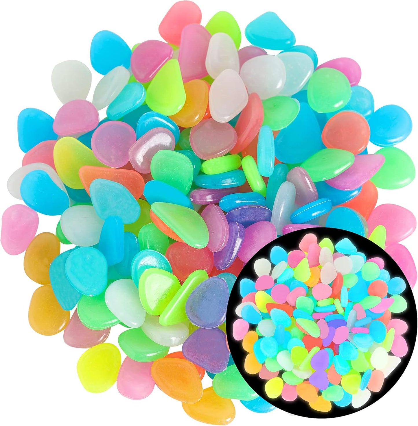 150 PCS Luminous Stones – Mixed Color Glow Rocks Decorations DIY Decorative Pebbles for Aquarium Fish Tank Sidewalk Garden Path Patio Terrace Lawn Yard Ornaments Colorful Cobbles Decor FD05MX150